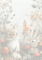 Papier &agrave; lettres pastel avec d&eacute;corations d'animaux de la for&ecirc;t, renards, cerfs et champignons, avec lignes droites et fines pour l'&eacute;criture sur fond clair, style chaleureux et fantaisiste