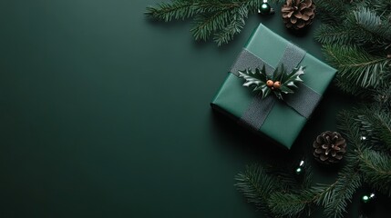 Green Holiday Gift Box with Christmas Decorations and Evergreen Branches on Dark Green Background. Winter Christmas, Advent still life.