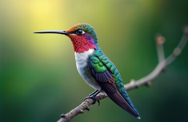 Fototapeta premium Adorable hummingbird with vivid plumage sits perched on branch. Tiny beak prominent against blurred natural background. Bird feathers display mix of vibrant colors. Habitat green environment.