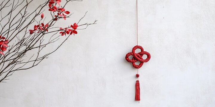 Red knot decoration on white wall for Lunar New Year
