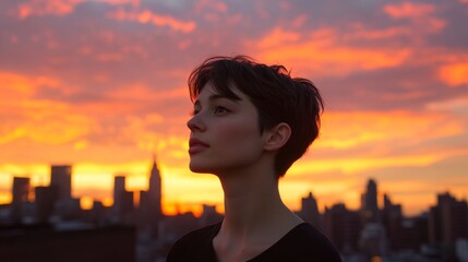 Fototapeta premium beautiful woman with short hair on a sunset with a view of the city
