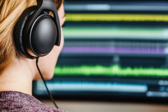 Caucasian female adult listening to audio with headphones in front of soundwave screen - Powered by Adobe