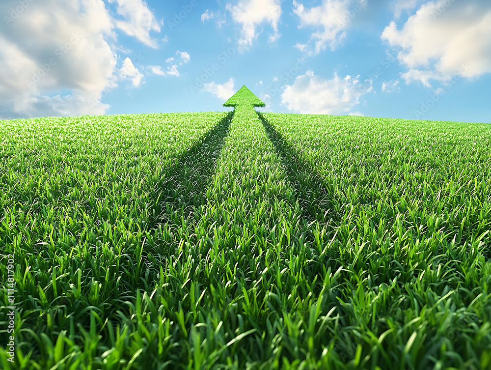 Aufkleber green grass field with a large, symbolic arrow pointing upwards and forwards, representing sustainab