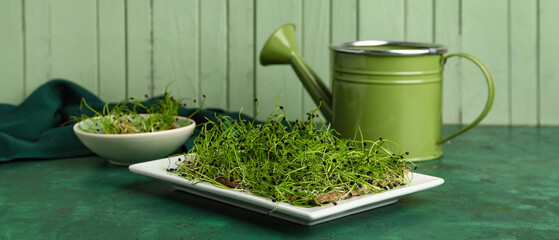 Plate with fresh micro green on table