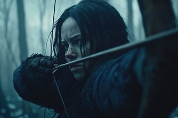 Young caucasian female archer in forest aiming bow