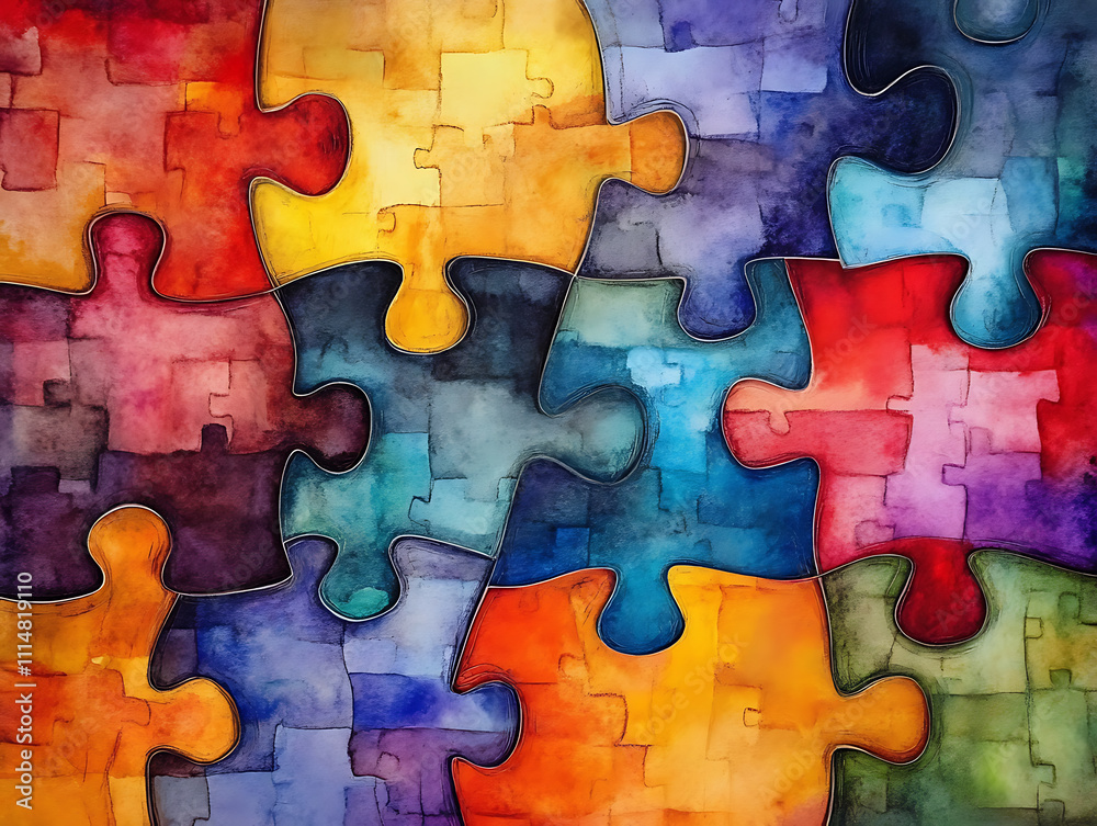 Poster interlocking puzzle pieces with a watercolor texture, symbolizing connection and diversity in a colo
