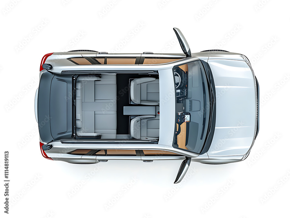 Poster Isolated simple and metallic suv car with open doors from top view on a white background that is easily removable