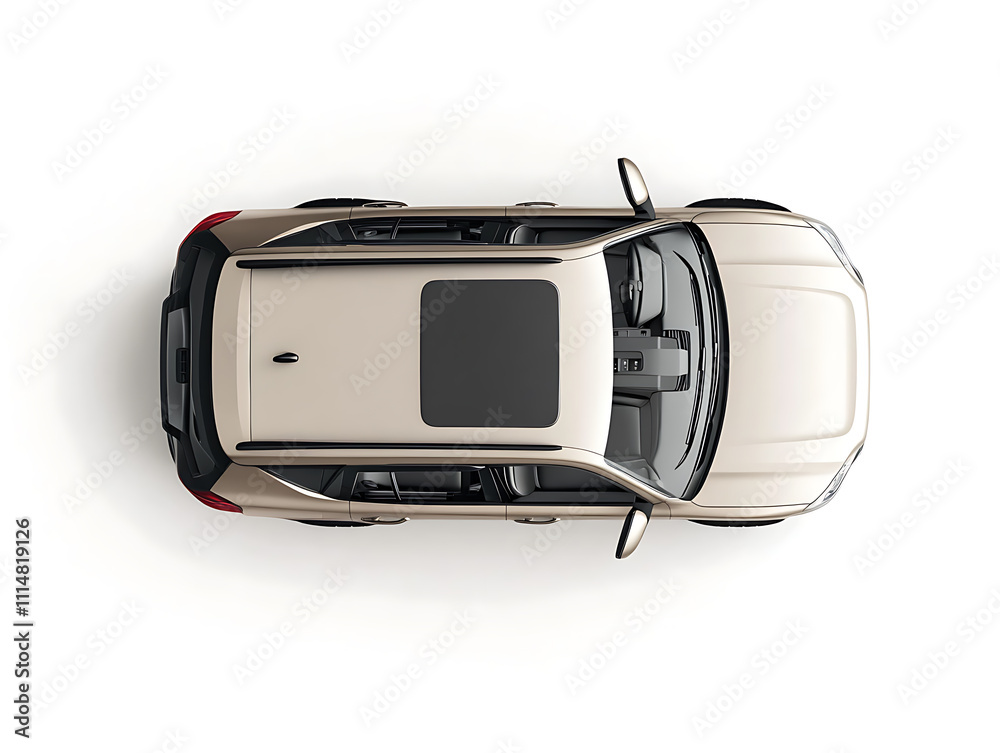 Poster Isolated simple and metallic suv car with open doors from top view on a white background that is easily removable