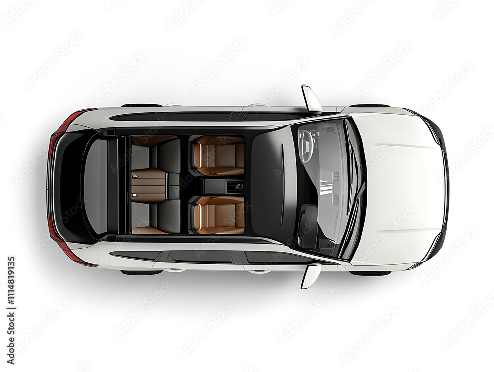 Poster Isolated simple and metallic suv car with open doors from top view on a white background that is easily removable