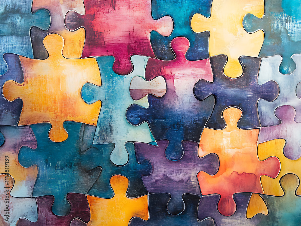 Leinwandbilder interlocking puzzle pieces with a watercolor texture, symbolizing connection and diversity in a colo