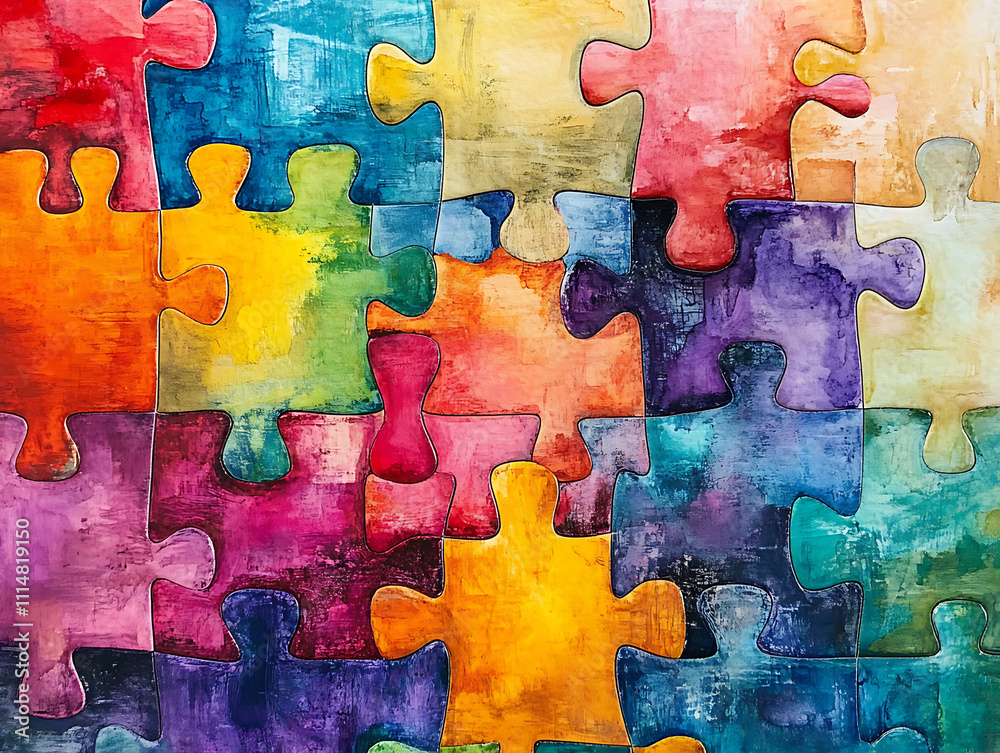Poster interlocking puzzle pieces with a watercolor texture, symbolizing connection and diversity in a colo