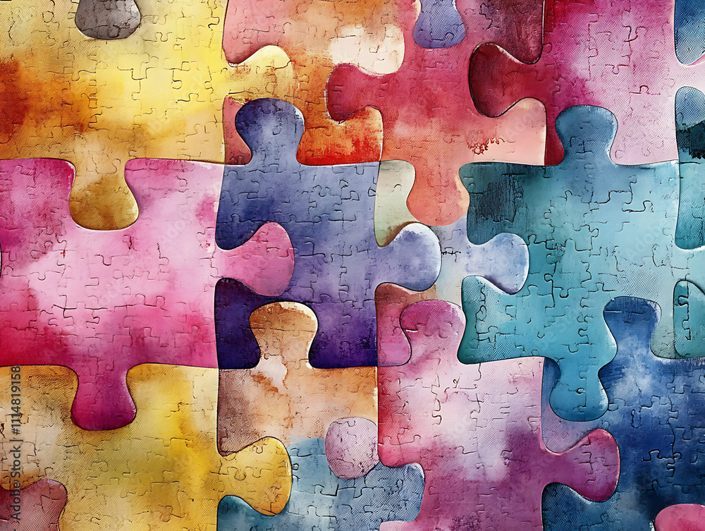 Poster interlocking puzzle pieces with a watercolor texture, symbolizing connection and diversity in a colo