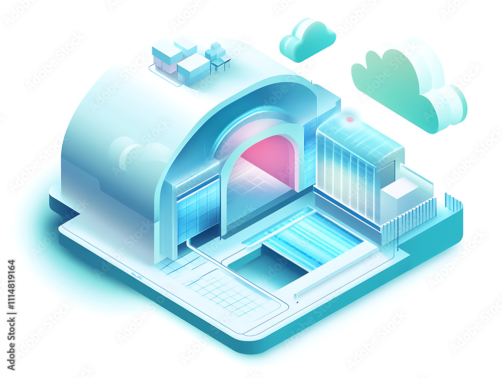 Poster isometric cloud storage for downloading, representing a digital service or application facilitating 