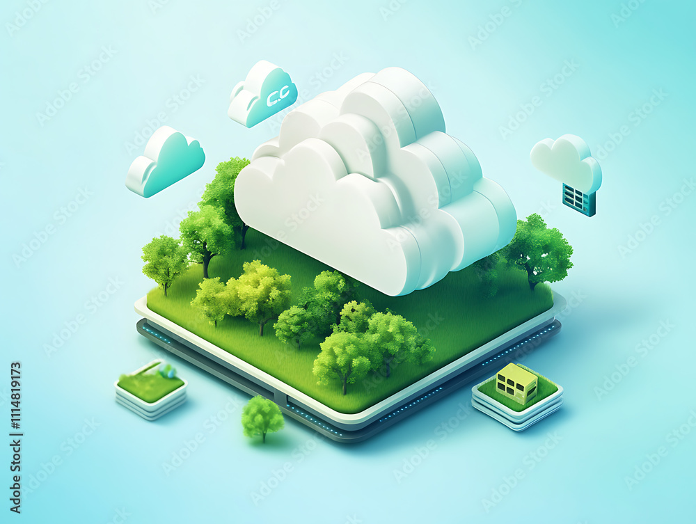 Poster isometric cloud storage for downloading, representing a digital service or application facilitating 