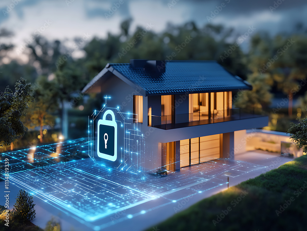 Poster Modern smart home at night is being protected by a security system with a digital padlock icon