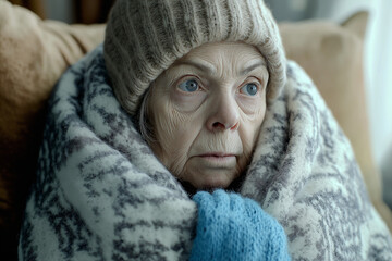 Gef&uuml;hlvolle &auml;ltere Frau in Decke und M&uuml;tze am Fenster

