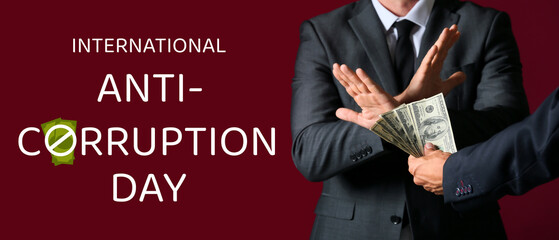Businessman refusing to take bribe against color background