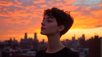 Fototapeta premium beautiful woman with short hair on a sunset with a view of the city