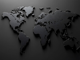 Monochrome 3d world map with reflective surfaces against a dark background, modern mapping technique