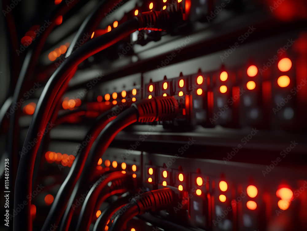 Poster Network switch and ethernet cable in rack cabinet, network connection technology and has a status led to show working status, concept of infrastructure with cables connected to data center