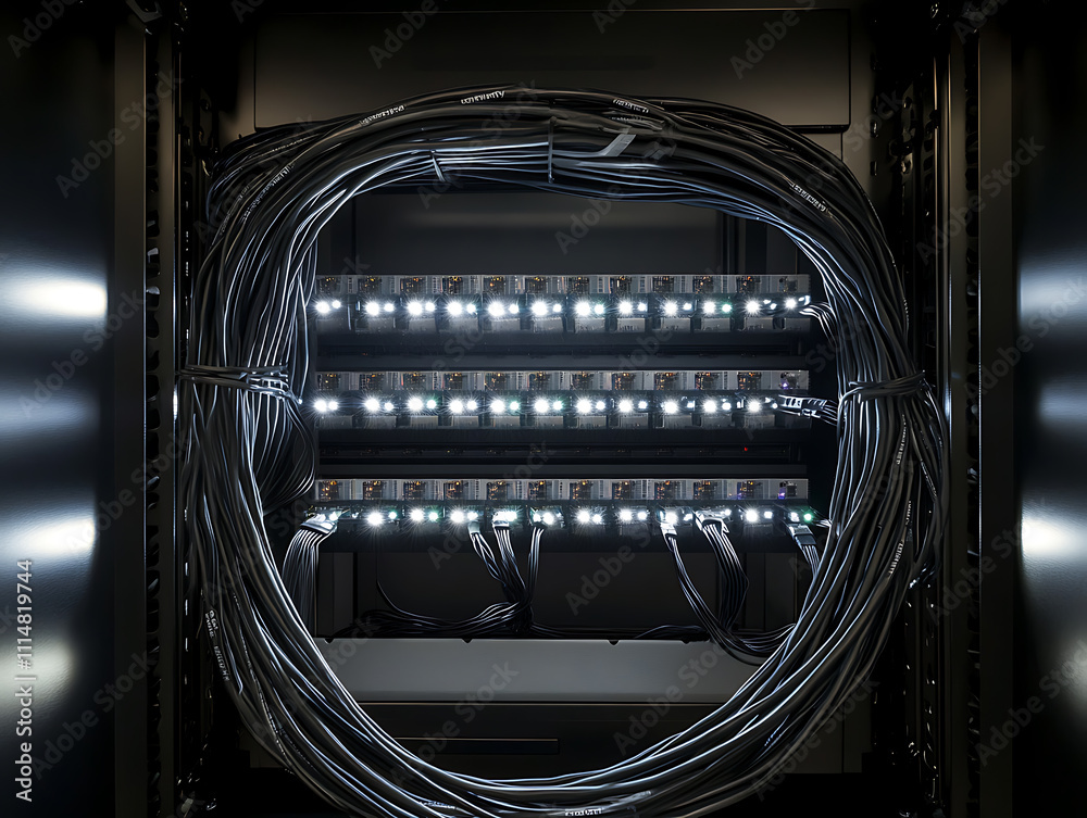 Leinwandbilder Network switch and ethernet cable in rack cabinet, network connection technology and has a status led to show working status, concept of infrastructure with cables connected to data center