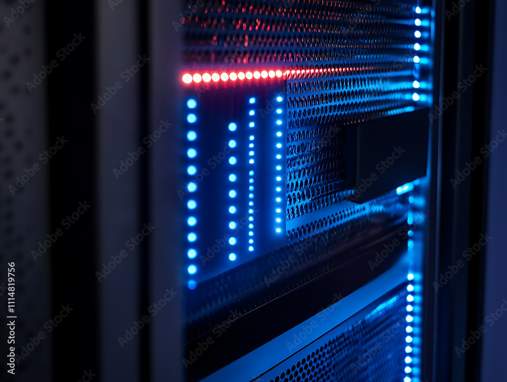 Poster Network switch and ethernet cable in rack cabinet, network connection technology and has a status led to show working status, concept of infrastructure with cables connected to data center