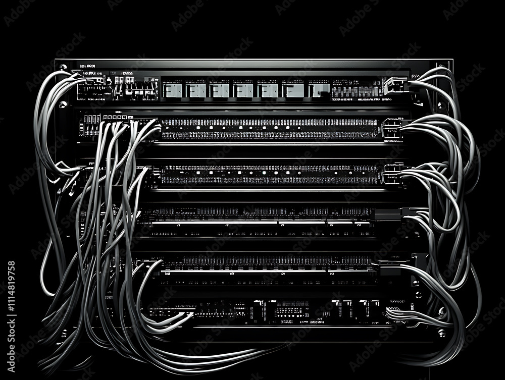 Leinwandbilder network switch and ethernet cable in rack cabinet, network connection technology and has a status le