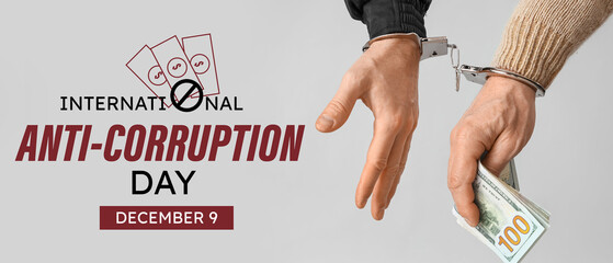 Handcuffed police officer and man with bribe on grey background, closeup