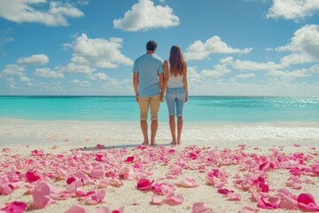 Fototapeta premium Two individuals stand on a beach adorned with flower petals, symbolizing love and romance on Valentine's Day.