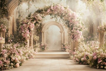 Fototapeta premium A romantic archway adorned with vibrant flowers leads to a charming stone floor, creating an enchanting setting for Valentine's Day celebrations.