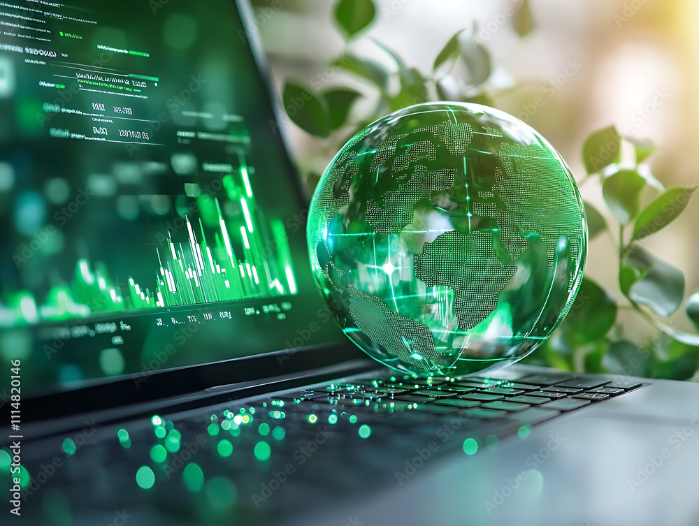 Aufkleber on the keyboard of the laptop, there is a green globe with stock graphs displayed on the laptop scre