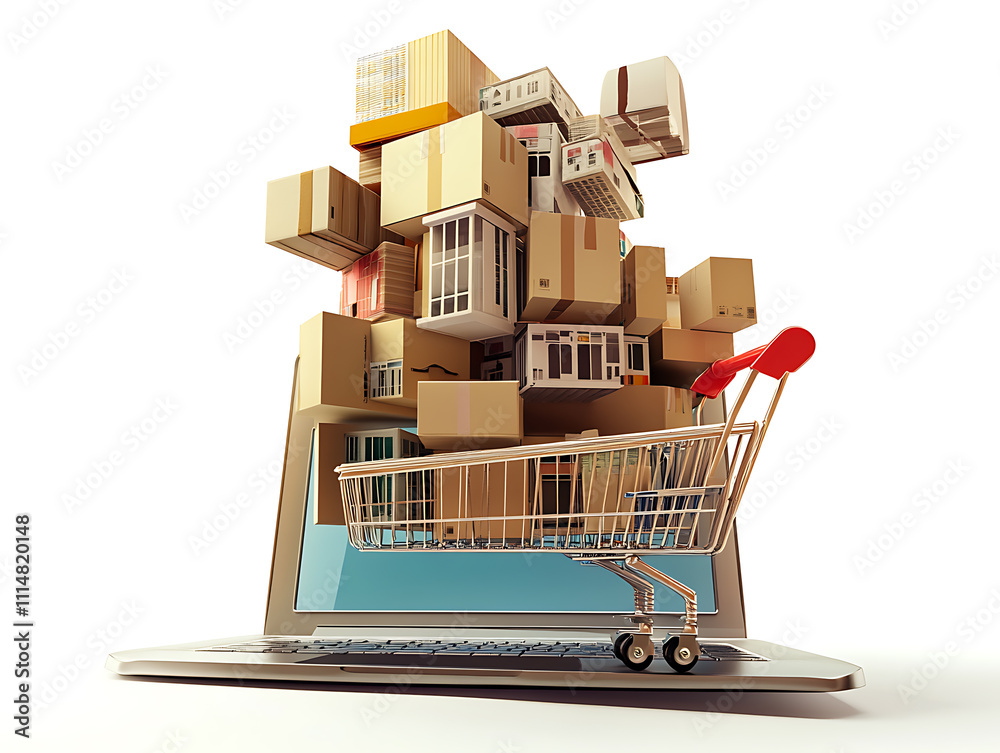 Poster Online shopping concept with cart full of boxes on top of laptop computer