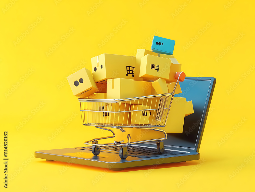 Poster online shopping concept with cart full of boxes on top of laptop computer