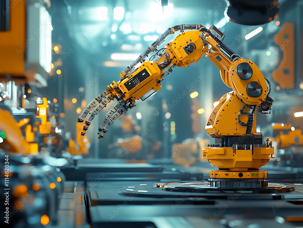 Leinwandbilder Mechanized industry robot and robotic arms for assembly in factory production, concept of artificial intelligence for industrial revolution and automation manufacturing process