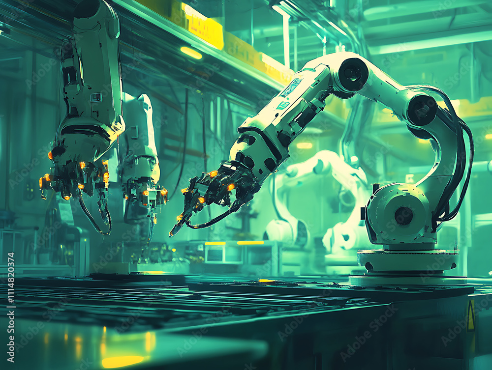 Leinwandbilder Mechanized industry robot and robotic arms for assembly in factory production, concept of artificial intelligence for industrial revolution and automation manufacturing process