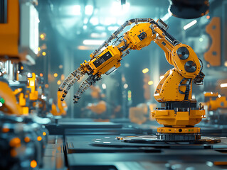 Mechanized industry robot and robotic arms for assembly in factory production, concept of artificial intelligence for industrial revolution and automation manufacturing process