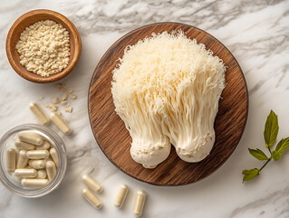 Overhead flat lay view of lions mane mushroom with vitamin supplement tablets