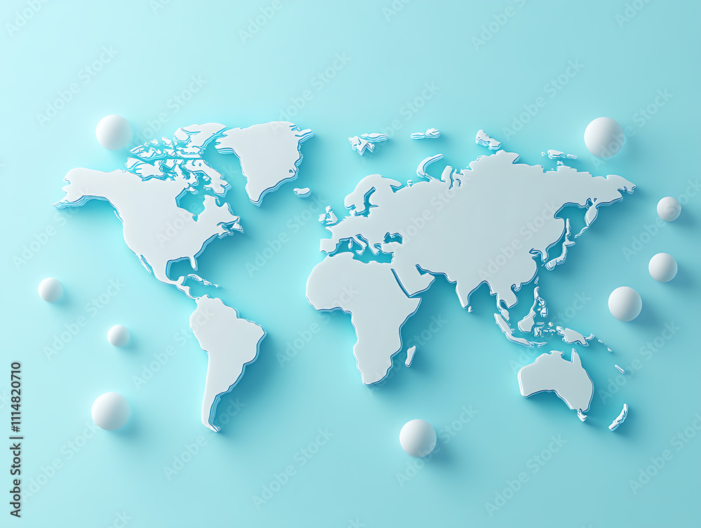 Aufkleber Minimalistic 3d world map on a soft blue gradient background, simplified earth representation