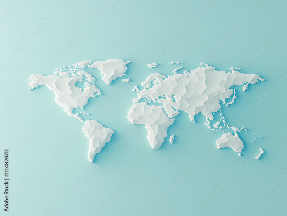 Aufkleber minimalistic 3d world map on a soft blue gradient background, simplified earth representation