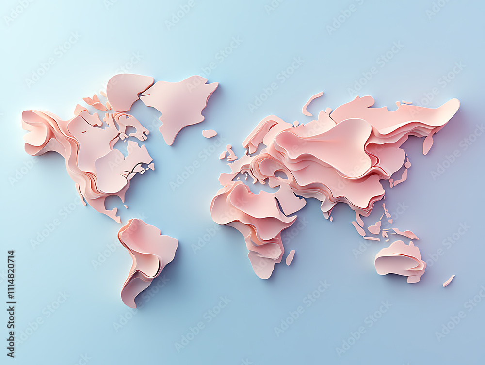 Poster minimalistic 3d world map on a soft blue gradient background, simplified earth representation