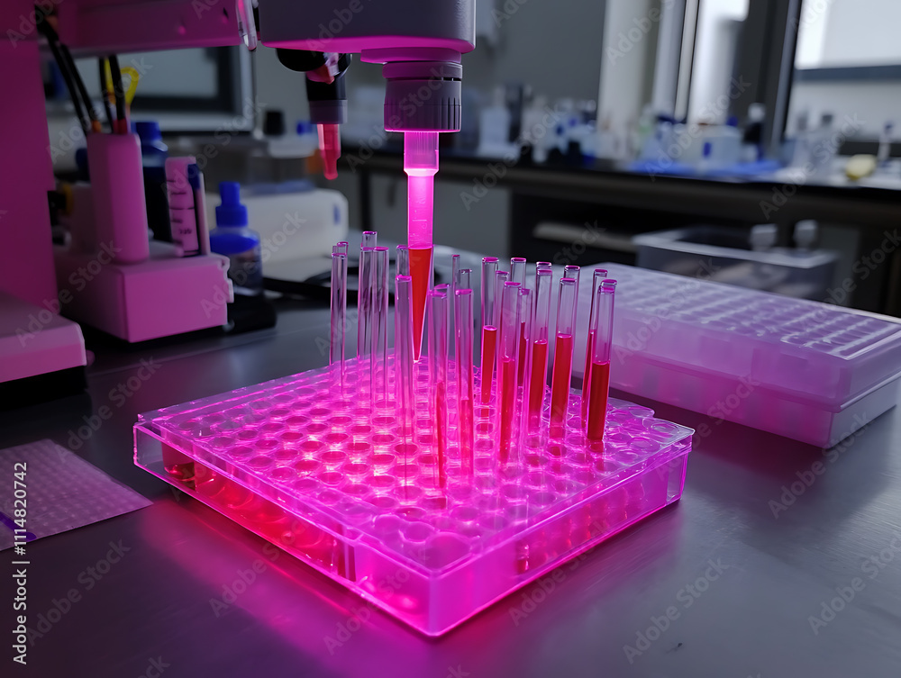 Poster Pipetting sample into multi well plate for analysis in a laboratory