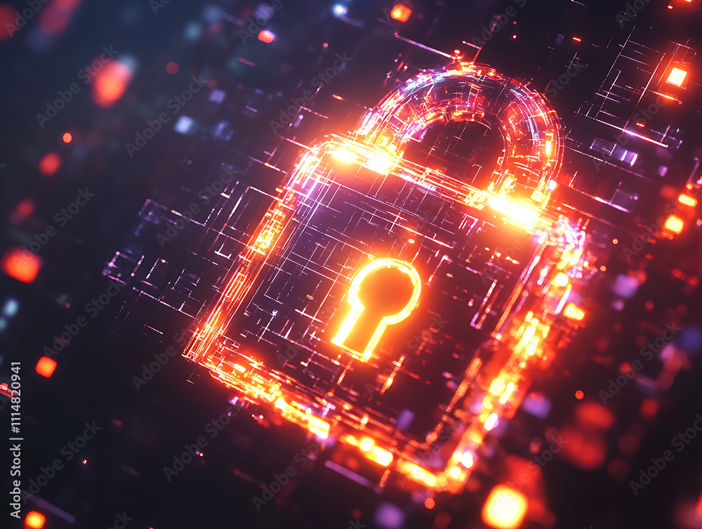 Poster Digital padlock with glowing edges on a dynamic abstract background, embodies cybersecurity concept