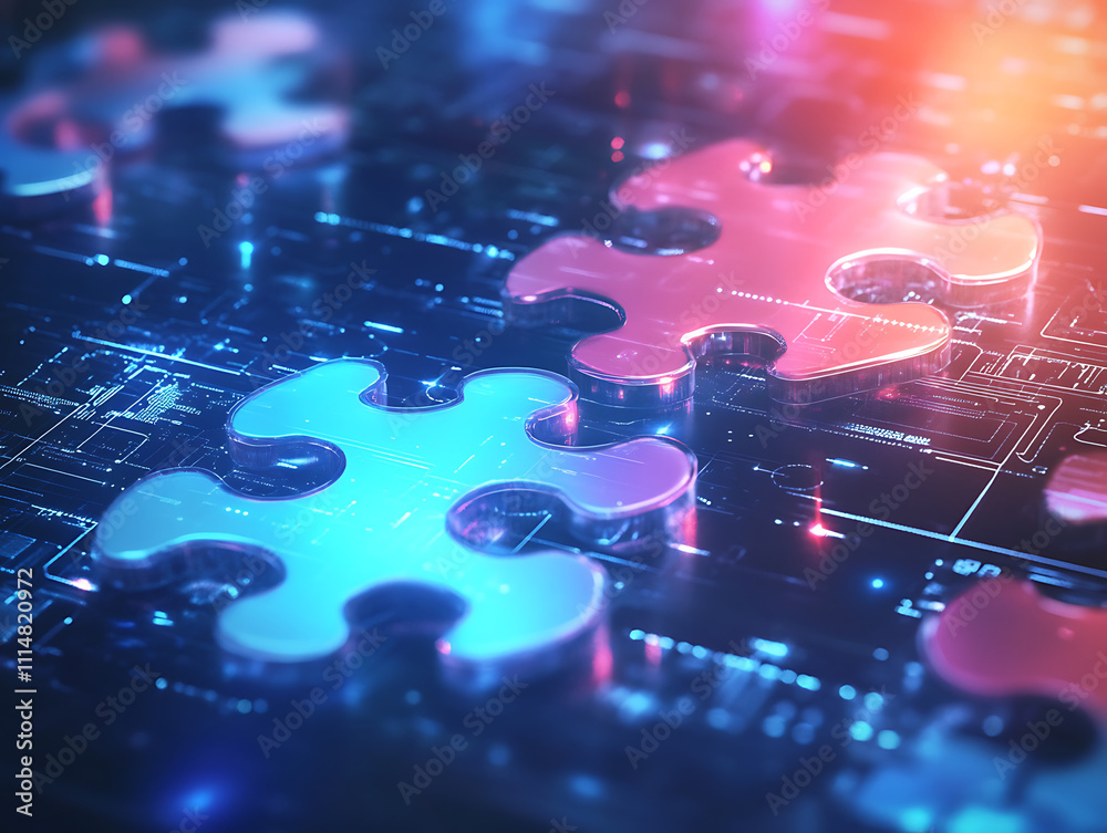 Aufkleber Digital representation of api integration concept with interlocking puzzle pieces against a futuristic tech-inspired abstract background, symbolizing connectivity and interoperability