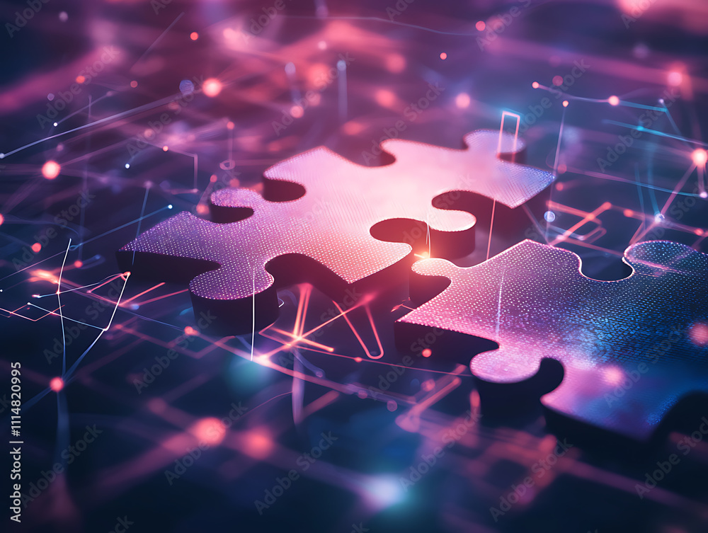 Poster Digital representation of api integration concept with interlocking puzzle pieces against a futuristic tech-inspired abstract background, symbolizing connectivity and interoperability
