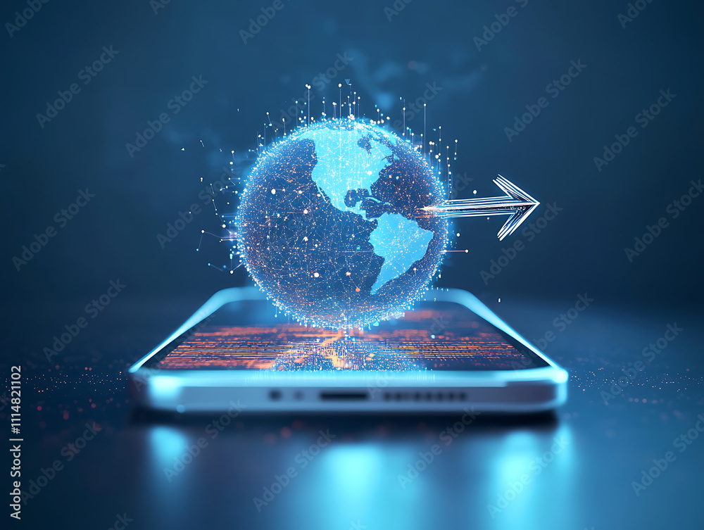 Aufkleber Digital world emerging from smartphone with gps arrow pointing forward, blending reality and technology