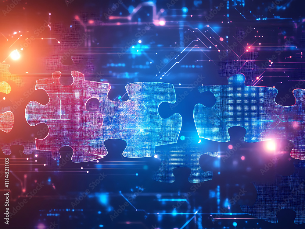 Aufkleber Digital representation of api integration concept with interlocking puzzle pieces against a futuristic tech-inspired abstract background, symbolizing connectivity and interoperability