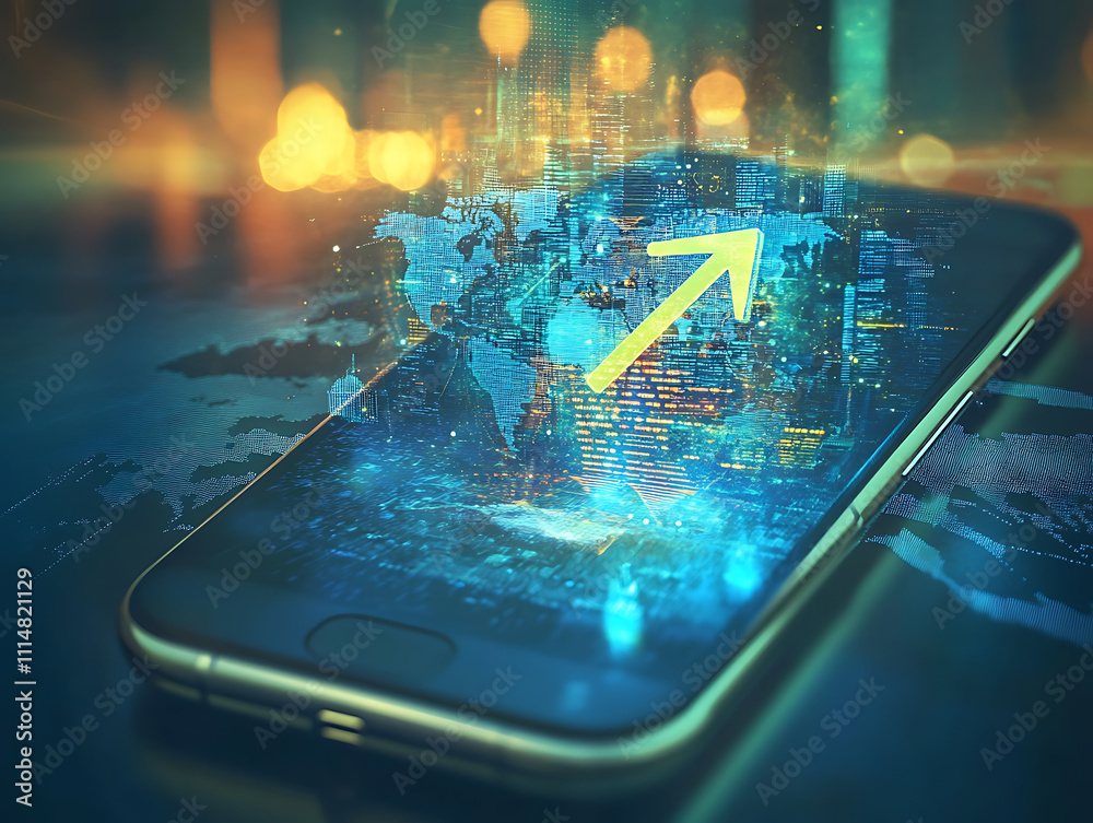 Fototapete Digital world emerging from smartphone with gps arrow pointing forward, blending reality and technology