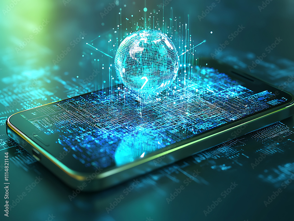 Fototapete Digital world emerging from smartphone with gps arrow pointing forward, blending reality and technology