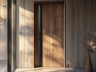 Fototapeta premium Doorway with digital locking on wood door, digital door handle with wood oak door panel