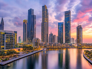 Obraz premium Dubai sunset panoramic view of downtown covered with clouds, dubai is super modern city of uae, cosmopolitan megalopolis, very high resolution image